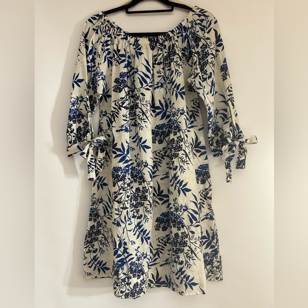 VALENTINA NALDI MADE IN ITALY OFF THE SHOULDER LINEN NAVY & BEIGE WOMENS DRESS M - Picture 2 of 11